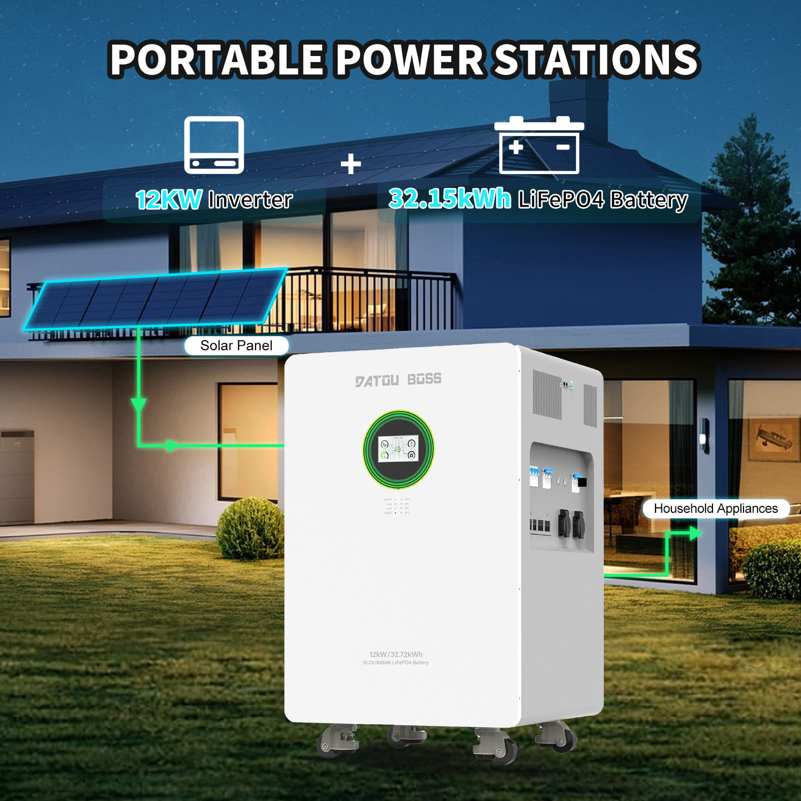 DATOUBOSS 12kW All-in-One Solar Energy Storage System 32.15kWh LiFePO4 Battery Built-in Hybrid Inverter Home Solar Power Station